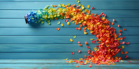 Bunte Blütenblätter fliegen aus einem Eimer mit blauen Holz Hintergrund. Dekorativer Hintergrund für Druckvorlage