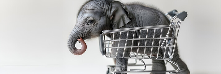 Cute Baby Asian Elephant in Shopping Cart,
Purchase of souvenirs in the shop shopping cart in which the figure of an elephant
