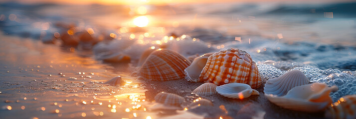 Experience the Serenity of a Tranquil Beach,
Seashells on Sandy Beach With Sun in Background
