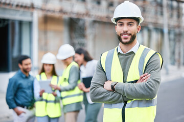 Arms crossed, leadership and portrait of construction worker man on building site for project...