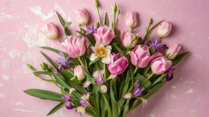 Pink tulips and irises bouquet on a pink backdrop Mother s Day and Women s Day greeting card with a touch of spring festivity Overhead view with space for text ideal for mockup purposes