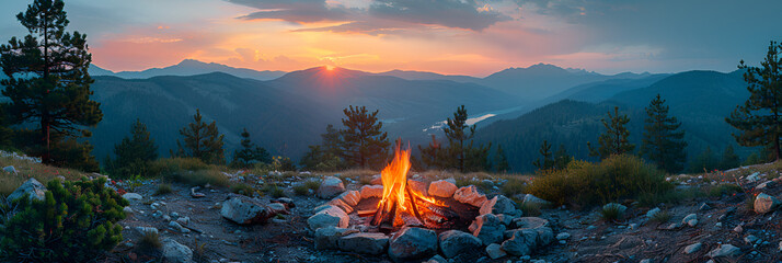 Twilight Campfire in Mountain Wilderness ,
Enchanting Wilderness Scene With Crackling Campfire Surrounded By Tranquil Lake And Lush Forest
