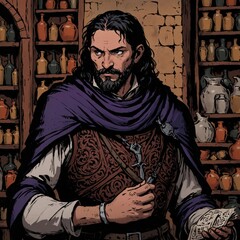 A comic style grown man merchant in medieval age, anime male selling magic potions, he is standing in the alchemist's room. 2D cartoon character art