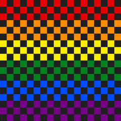 Checkerboard rainbow colored background. Chessboard seamless pattern. Groovy pattern. Geometric abstract LGBT backdrop. Pride Month Print. Background of colorful and black squares. Checkered wallpaper