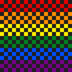 Checkerboard rainbow colored background. Chessboard seamless pattern. Groovy pattern. Geometric abstract LGBT backdrop. Pride Month Print. Background of colorful and black squares. Checkered wallpaper