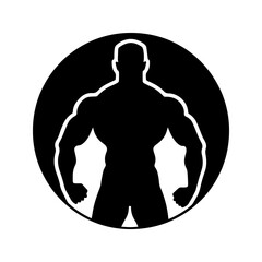 Gym logo. Black round logo strong muscular man. Vector illustration. Gym Personal Trainer icon. Silhouette of a strong and muscular athletic man.