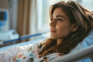 Young female patient smiles optimistically while resting in a hospital bed, with sunlight streaming in