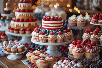Festive dessert table loaded with cakes and cupcakes for a celebration, great for party planning and catering concepts.