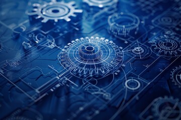 Complex gear system blueprint on a dark blue background, illustrating the intricacies of machine engineering close up, technical mastery, vibrant, Fusion, engineering lab backdrop
