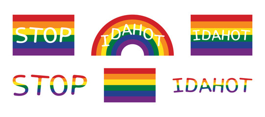 Set for International LGBT Pride Day. International Day Against Homophobia Transphobia and Biphobia. LGBT Pride Month illustrations LGBTQ community concept. Rainbow flags, text, IDAHOT concept