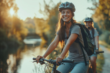 A group of friends cycling along a scenic river trail, laughing and enjoying the sunny day, with a picturesque bridge in the background.
