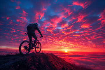 Fototapeta premium A cyclist cresting a hill at sunrise, their silhouette outlined against the brilliant morning sky, symbolizing achievement and health.