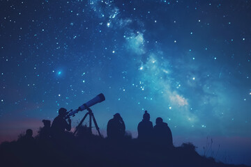 A cluster of friends huddled around a telescope, marveling at the distant galaxies and constellations visible in the night sky. Concept of curiosity and exploration. Generative Ai. - Powered by Adobe