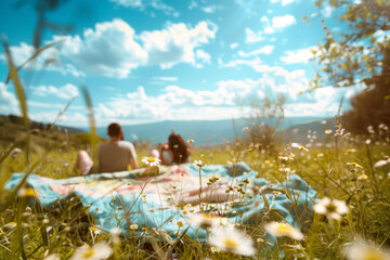 Pals sprawled out on a picnic blanket in a lush meadow, enjoying a lazy afternoon of conversation and laughter. Concept of relaxation and bonding. Generative Ai.