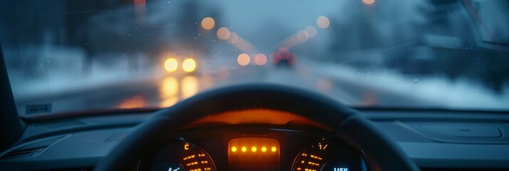 Obraz premium Futuristic Car Dashboard and City Night Drive