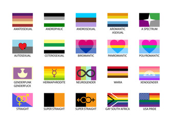 Set of lgbtqia community flags. LGBT Pride Month illustrations, LGBTQ concept. Gender equality and sexual identity, support for homosexuality. Icons flags set for International lgbt Pride Day.