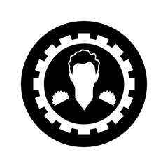 Black round logo with gears and male silhouette, representing engineering and workforce. Ideal for technical services, auto repair shop, professional branding. Vector illustration male profile icon.