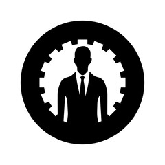 Vector illustration male profile icon. Black round logo with gear and male in suit silhouette, representing engineering and workforce. Ideal for technical services, business and professional branding.
