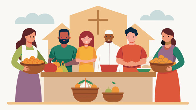 The church altar adorned with baskets of food and the volunteers standing proudly beside them ready to serve their community.. Vector illustration