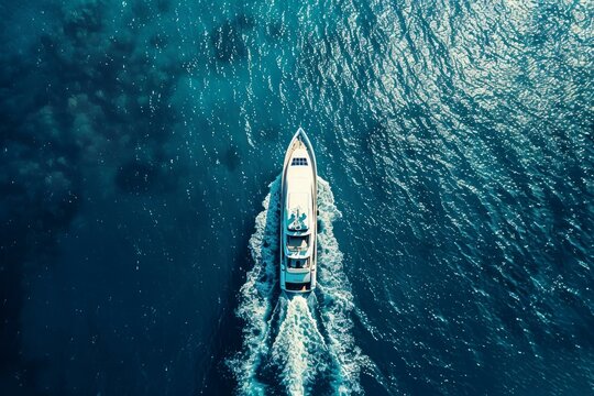 Aerial view of a lavish yacht cruising on serene ocean waters, leaving a frothy trail