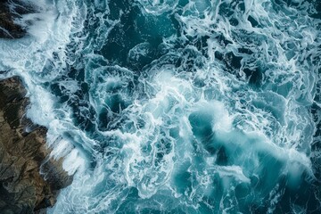Overhead shot capturing the dynamic interaction of wild sea waves hitting the rugged coastline - Powered by Adobe