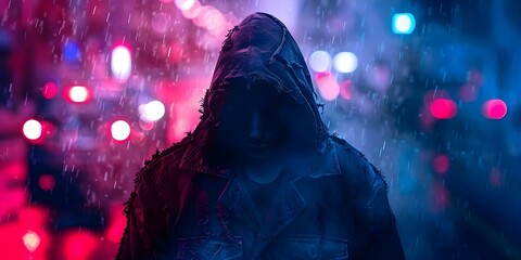 A mysterious figure in a tattered coat vanishes into the city night, their face concealed in shadow. Concept Dark Night, Mysterious Figure, Tattered Coat, Cityscape, Concealed Identity