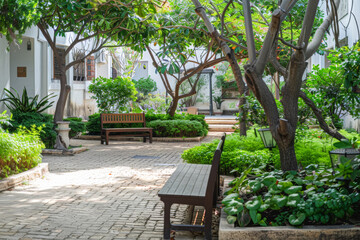 Obraz premium A tranquil courtyard garden tucked away within the hotel grounds, offering guests a serene oasis away from the hustle and bustle of the city. Concept of natural beauty and relaxation. Generative Ai.