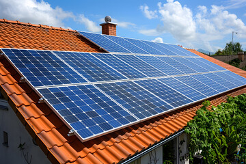 Solar panels installed on the roof rooftop of a residential modern house. The panels are arranged in rows and efficiently utilize available sunlight.
