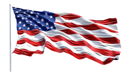 American flag waving in the wind isolated on transparent background.