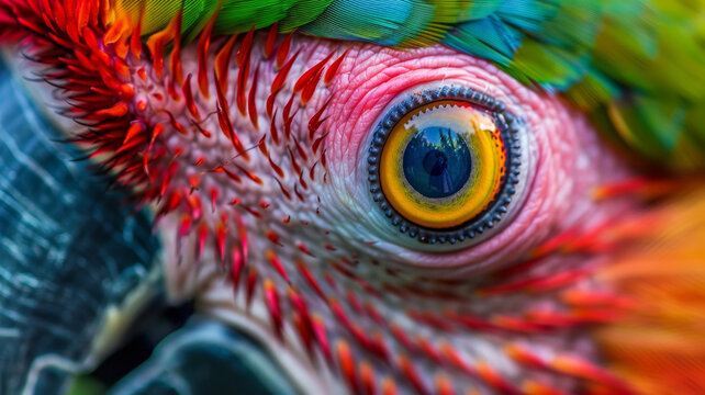 Extreme closeup on eye of a colorful parrot