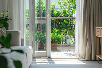 Fototapeta premium A private balcony attached to each room, offering guests a secluded outdoor space to enjoy a morning coffee or evening cocktail. Concept of personal retreat and relaxation. Generative Ai.