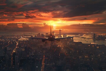 Fototapeta premium Commercial airplane flying low over city skyline bathed in the warm hues of sunset