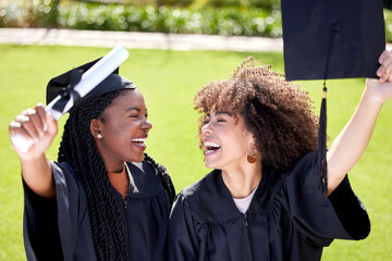Excited, friends and women celebrate graduation outdoor at university campus together. Student,...