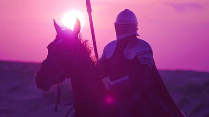 One medieval knight in metal armor and helmet on horseback. Reconstruction of a historical character. An armed rider from the past. Illustration for banner, poster, cover, brochure or presentation.