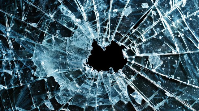 Broken glass on a dark background. After the impact, the glass surface has cracks diverging from the point of impact or bullet hit. The concept of destruction, vulnerability and fragility of existence
