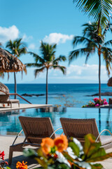 Wicker loungers by the pool on the shores of the blue ocean