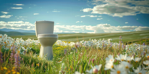 A toilet bowl stands in a blooming field surrounded by flowers on a sunny day, creative bathroom air freshener concept.
