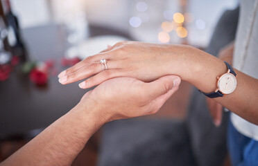 Couple, proposal and engagement with ring on hand for commitment, relationship and marriage....