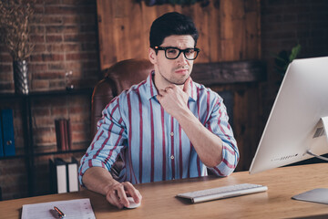 Portrait of young man office worker coworking think wear shirt loft interior business center indoors