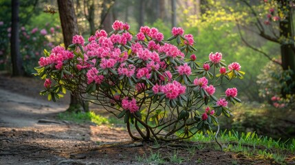 Pink rhododendron blooms on a small tree shrub during the spring in Europe