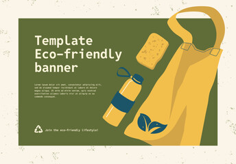 A trendy banner template promoting an eco-friendly lifestyle. Emphasizes the principles of Reduce, Reuse, Recycle. Images of a reusable shopping bag, bottle, and loofah. Yellow, green, blue colors.