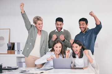 Laptop, motivation and success with winner business people in modern office for celebration of goals or target. Celebration, computer or good news with man and woman employee team in workplace