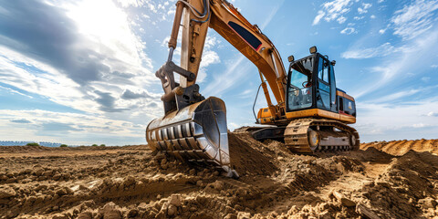 Backhoe working by digging soil at construction site at sunny day. Crawler excavator digging on soil. Excavation vehicle.