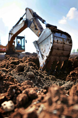 Backhoe working by digging soil at construction site at sunny day. Crawler excavator digging on soil. Excavation vehicle.