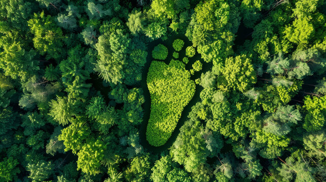 Aerial view of a footprint-shaped clearing among lush trees, symbolizing ecological impact