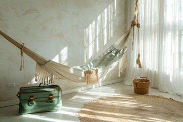 bright room with a hammock. Yoga. Hobby. Cosiness. Rest. minimalism. Scandinavian style.