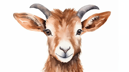 water color illustration of a goat with horns front view on white background