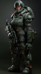 female space soldier standing in her impressive green power suit, visor open, holding a automatic weapon, vertical 9:16