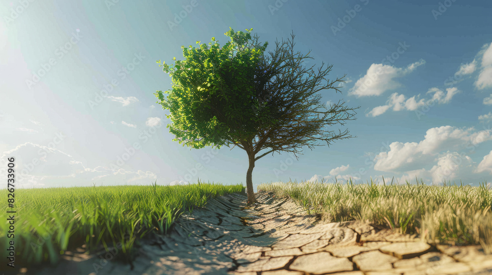 Poster a symbolic tree split between lush greenery and barren branches on cracked earth