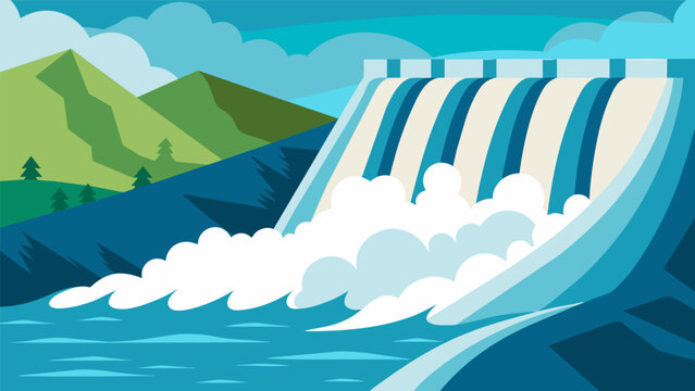 White water crashes against the dams walls as the river fights against its containment desperate to continue its natural course.. Vector illustration